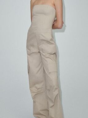 ZARA Viral Strapless Beige Cargo Jumpsuit